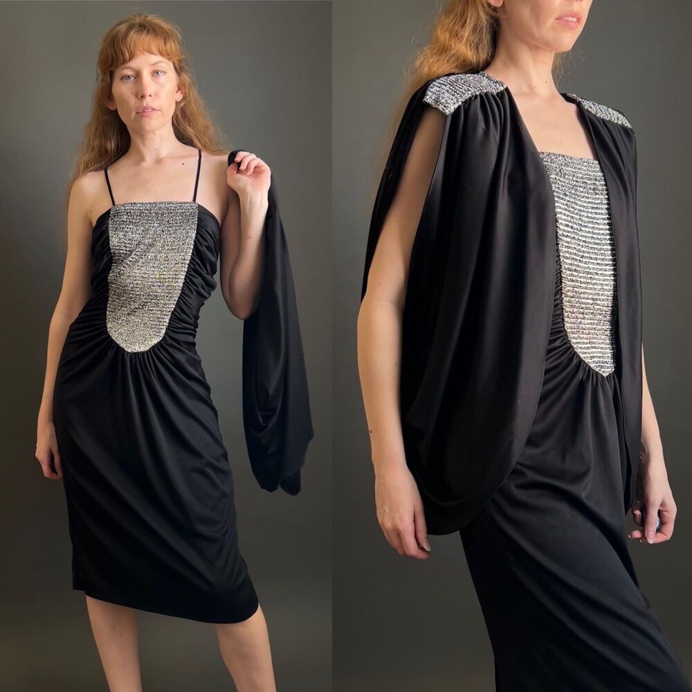 Vintage 1980s Batwing Black Lurex Party Dress Set, Medium